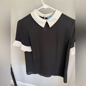CeCe Black Blouse with White Collar and Pleated Sleeves